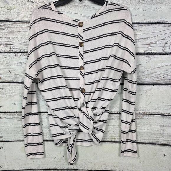 BKE XS Ivory Black Striped Button Tie Back Top - Picture 3 of 5